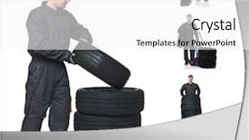  Presentation with tires - Colorful presentation enhanced with young mechanic move tires isolated on white background backdrop and a white colored foreground