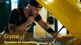  Presentation with motor engine - PPT theme featuring young-mechanic-of-car-repair background and a tawny brown colored foreground