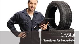  Presentation with tires - Amazing presentation design having young mechanic standing next to vehicle tires with a clipboard isolated on white background backdrop and a dark gray colored foreground