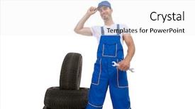  Presentation with tires - Cool new presentation theme with young mechanic standing with car tires and holding a wrench backdrop and a white colored foreground