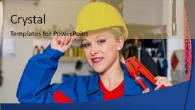  Presentation with female mechanic - Theme consisting of young mechanic with yellow helmet and wrench in a workshop rare female occupations background and a yellow colored foreground