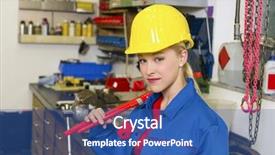  Presentation with female mechanic - Presentation design consisting of young mechanic with yellow helmet and wrench in a workshop rare female occupations background and a ocean colored foreground