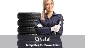  Presentation with mechanic - Presentation design consisting of young-mechanic-woman-holding background and a dark gray colored foreground