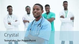  Presentation with medic - PPT theme having young-medic-standing-in-front background and a light blue colored foreground