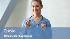  Presentation with medical assistant - Colorful presentation design enhanced with young medical assistant with stethoscope backdrop and a teal colored foreground