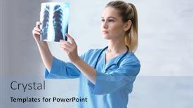  Presentation with medical assistant - Slide set with young medical assistant with x-ray image in clinic background and a light blue colored foreground