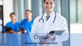  Presentation with staff - Colorful presentation theme enhanced with young medical doctor and staff backdrop and a light blue colored foreground