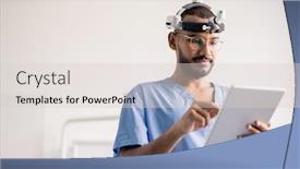  Presentation with professional data - PPT theme featuring young medical professional with touchpad scrolling through online data while working in hospital background and a lemonade colored foreground