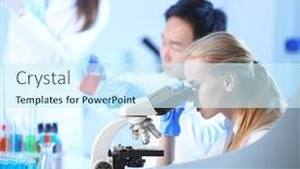  Presentation with laboratory - Theme consisting of young medical technicians working in laboratory background and a cool aqua colored foreground