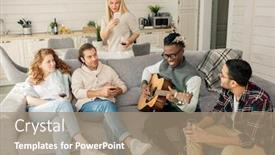  Presentation with acoustic - PPT layouts consisting of young-men-and-women-listening background and a coral colored foreground