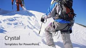  Presentation with mountain climbing - Slide set consisting of blue team - young men mountain climbing background and a light gray colored foreground