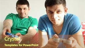  Presentation with video games playing - PPT theme consisting of young men playing video games background and a tawny brown colored foreground