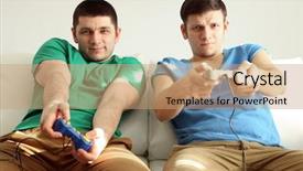  Presentation with two men on a judo - Audience pleasing slide deck consisting of young men playing video games backdrop and a coral colored foreground