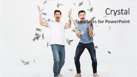  Presentation with banknotes - Beautiful PPT layouts featuring young men standing under money backdrop and a light gray colored foreground