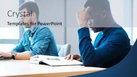  Presentation with public - Slide set featuring multicultural - young men studying in public background and a light blue colored foreground