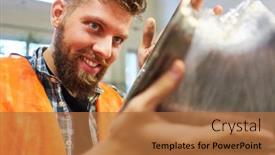  Presentation with quality product - Slide deck enhanced with young-metal-worker-with-product background and a coral colored foreground