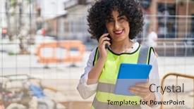  Presentation with middle east - PPT layouts with young-middle-east-woman-architect background and a soft green colored foreground