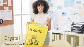  Presentation with plastic recycling - PPT theme enhanced with young-middle-east-woman-holding background and a yellow colored foreground
