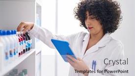  Presentation with middle east - PPT layouts having young-middle-east-woman-pharmacist background and a light gray colored foreground