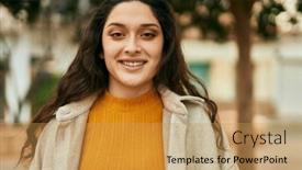  Presentation with middle east - Presentation design having young-middle-east-woman-smiling background and a yellow colored foreground