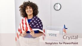  Presentation with united states flag - Presentation design having young-middle-east-woman-smiling background and a  colored foreground