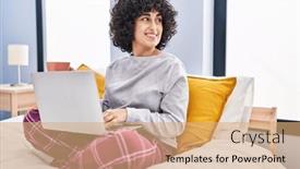  Presentation with middle east - Presentation design having young-middle-east-woman-using and a coral colored foreground