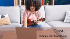  Presentation with ukulele - Slide deck having young-middle-eastern-woman-having background and a coral colored foreground