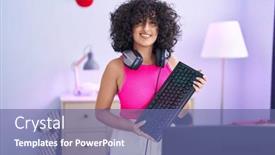  Presentation with computer room - Slide deck enhanced with young-middle-eastern-woman-streamer background and a ocean colored foreground