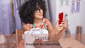  Presentation with machine shop - PPT layouts enhanced with young-middle-eastern-woman-tailor background and a coral colored foreground