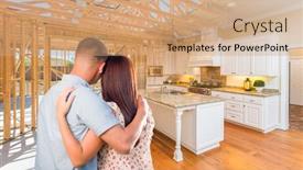  Presentation with military - Presentation theme featuring young-military-couple-facing-house background and a coral colored foreground