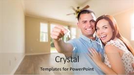  Presentation with intelligence intelligent house smart home - Beautiful PPT theme featuring young military couple with house backdrop and a coral colored foreground