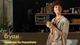  Presentation with tea coffee - PPT theme enhanced with young-mindful-brunette-woman background and a tawny brown colored foreground