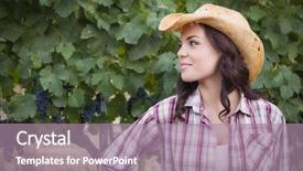  Presentation with cowboy hat - PPT theme consisting of young mixed race adult female portrait outside wearing cowboy hat in vineyard background and a coral colored foreground