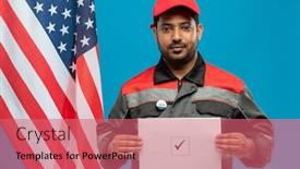  Presentation with american flag - Cool new slide deck with young-mixed-race-factory-worker backdrop and a coral colored foreground