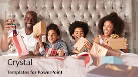  Presentation with christmas presents - PPT layouts featuring young mixed race family sitting background and a coral colored foreground