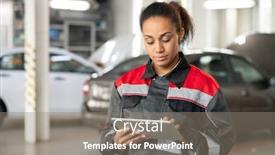  Presentation with service technician - PPT theme enhanced with young-mixed-race-female-technician background and a gray colored foreground