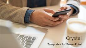  Presentation with scrolling - Presentation design consisting of young mobile businessman scrolling or texting in smartphone while sitting by table in cafe networking and having coffee background and a soft green colored foreground