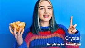  Presentation with potato chips - Presentation design having young-modern-girl-holding-potato background and a ocean colored foreground