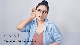  Presentation with ear - Slides enhanced with young-modern-girl-with-blue background and a light blue colored foreground