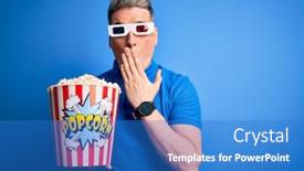  Presentation with movie popcorn - PPT theme with young-modern-man-watching-cinema background and a teal colored foreground