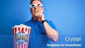  Presentation with popcorn movie - Presentation theme enhanced with young-modern-man-watching-cinema background and a teal colored foreground