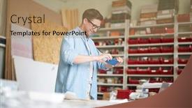  Presentation with artwork - Presentation design consisting of young modern master of artwork using his smartphone to photograph sketch or sample on table background and a coral colored foreground