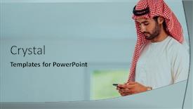  Presentation with smartphones - Theme consisting of young-modern-muslim-arabian-businessmen background and a light blue colored foreground