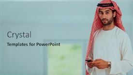  Presentation with smartphones - Slides featuring young-modern-muslim-arabian-businessmen background and a light blue colored foreground