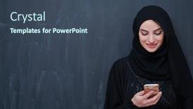  Presentation with woman muslim - Cool new presentation theme with young-modern-muslim-business-woman backdrop and a ocean colored foreground