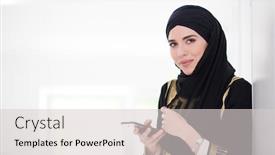  Presentation with hijab modern - Beautiful presentation theme featuring young-modern-muslim-business-woman backdrop and a light gray colored foreground