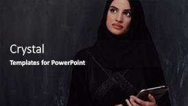  Presentation with hijab modern - PPT theme featuring young-modern-muslim-business-woman background and a dark gray colored foreground