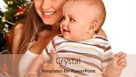  Presentation with baby tree - Presentation enhanced with young mom wearing santa hat holding baby boy son with gift box under christmas tree on isolated background and a coral colored foreground