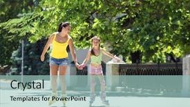  Presentation with mom - Colorful presentation enhanced with young mom with her 6 years old child rollerskating in park backdrop and a light blue colored foreground
