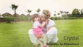  Presentation with free family - Slides enhanced with young mother and cute little daughter enjoying free time playing outside at backyard on the grass happy family in nature concept background and a yellow colored foreground
